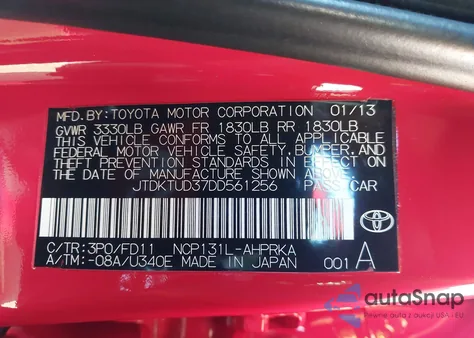 2013 Toyota Yaris Se из США, поврежденный, VIN JTDKTUD37DD561256